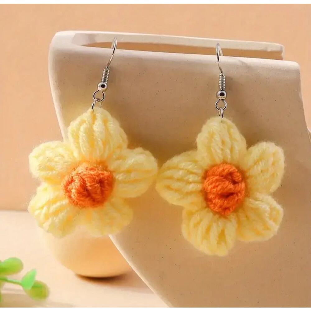Unique Novelty Knitted Flower Earrings, Kawaii Cute Gift, Teacher Earrings